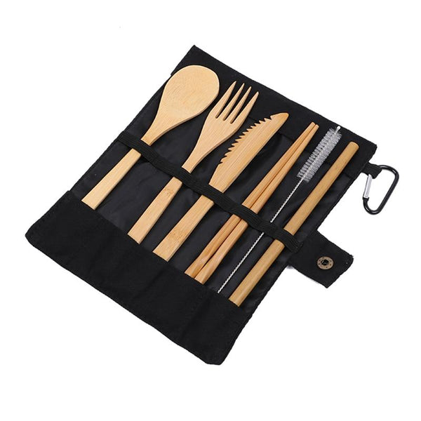 Image for portable and reusable bamboo cutlery set placed inside a pouch that has a hook which can be attached to a backpack.