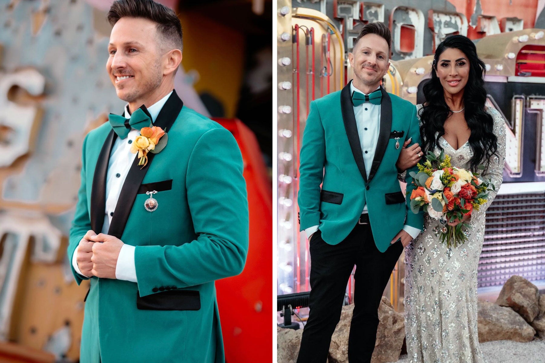 groom in teal velvet tuxedo jacket at wedding