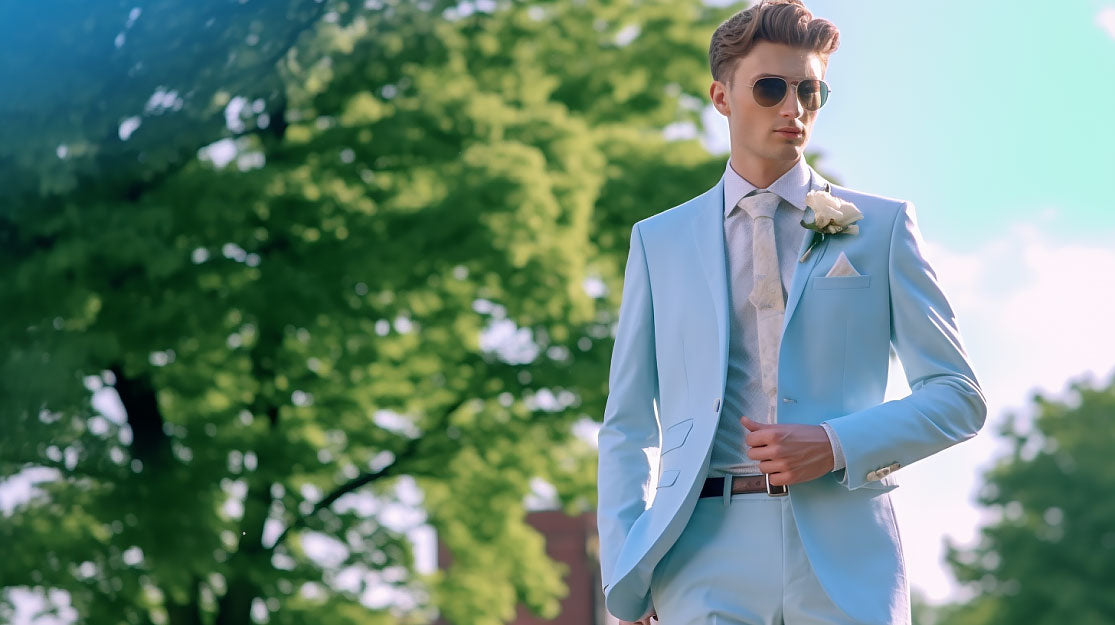 Guy wearing baby blue linen suit to summer wedding