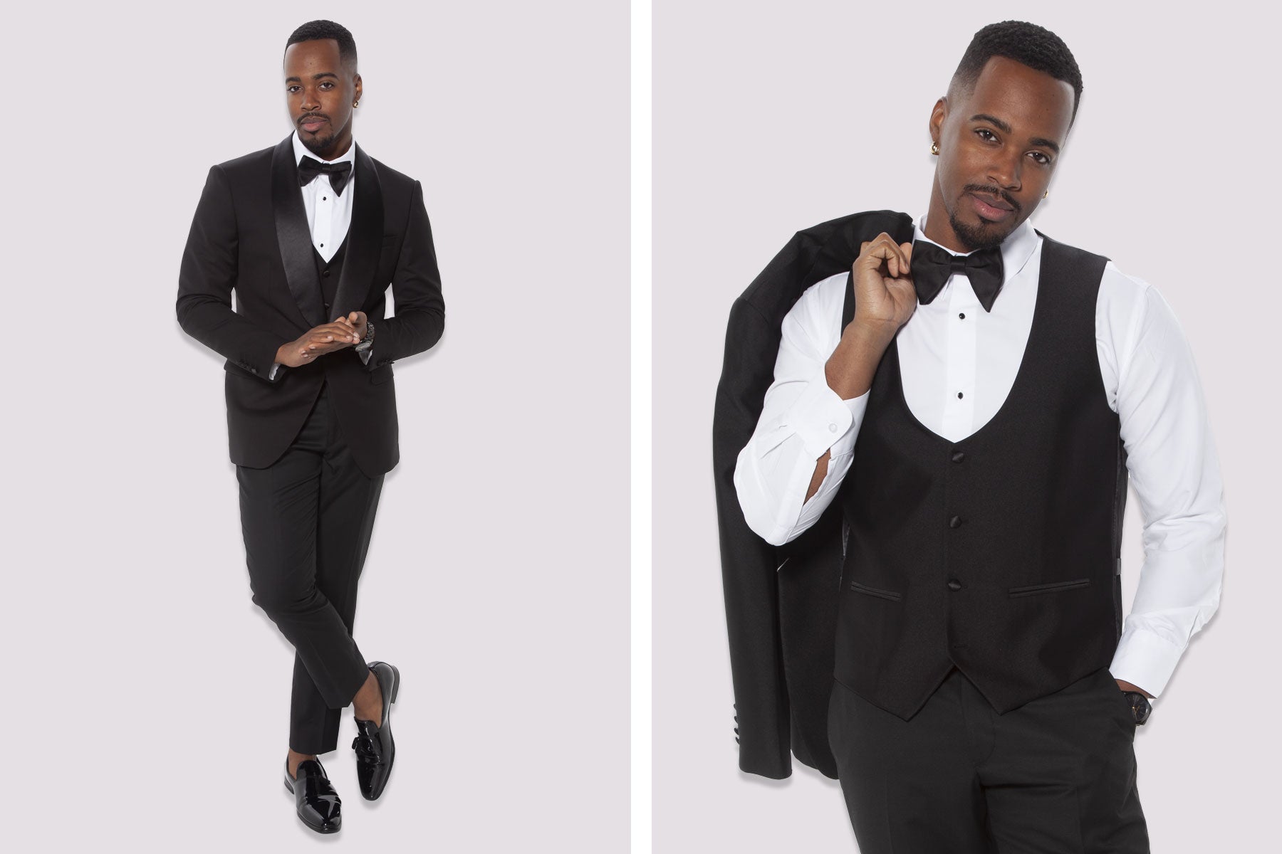 groom wearing a black tuxedo with a u-shaped vests for wedding