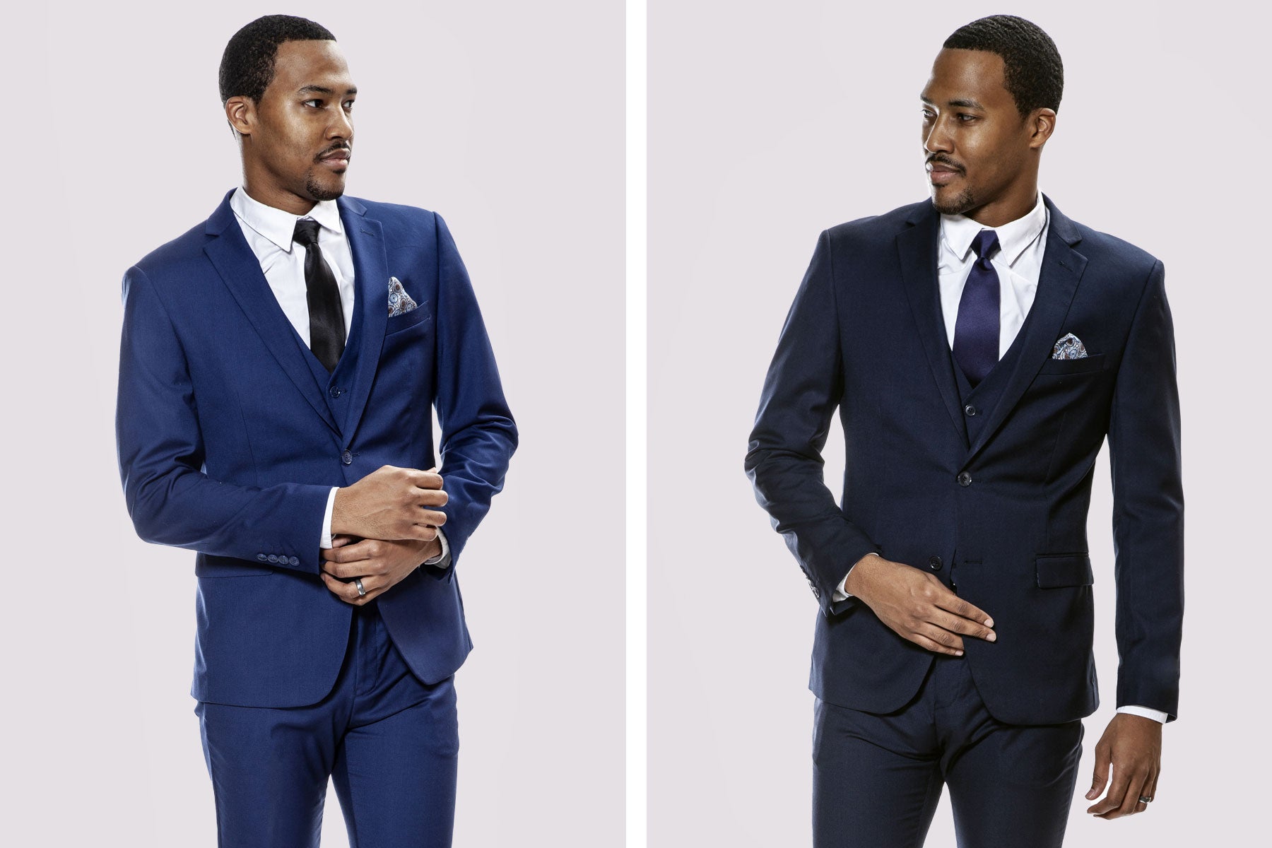 guys wearing navy blue prom suit and indigo prom suit