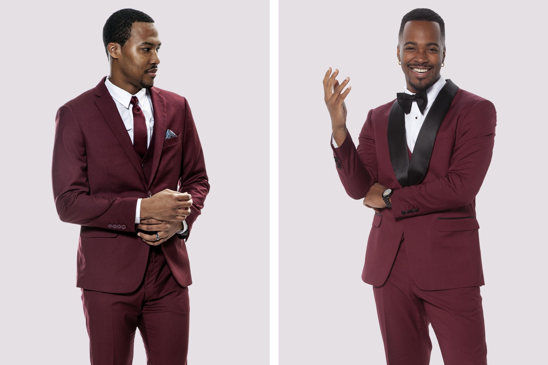 guys wearing burgundy wedding suit and burgundy tuxedo for fall wedding