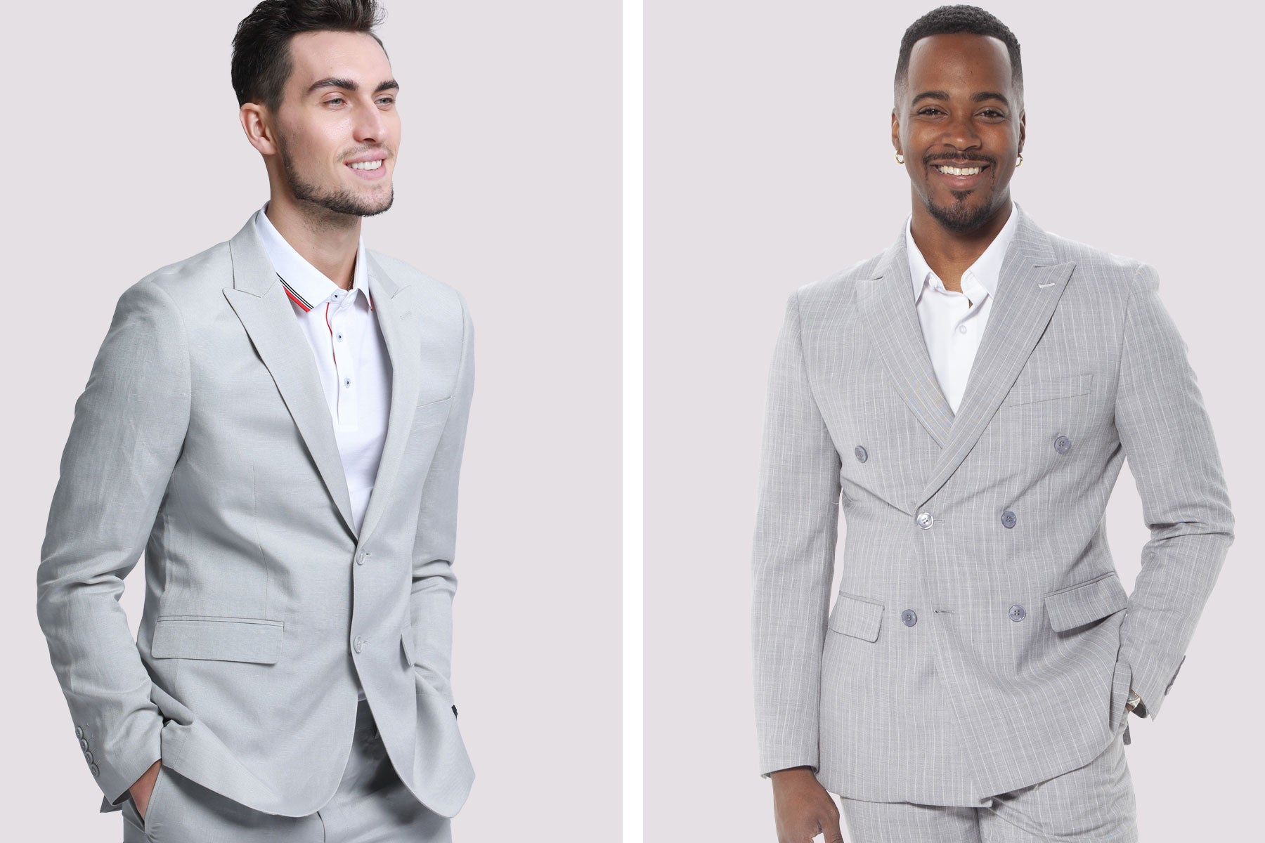 Man wearing grey linen suit and the other man wearing grey double breasted wedding suit