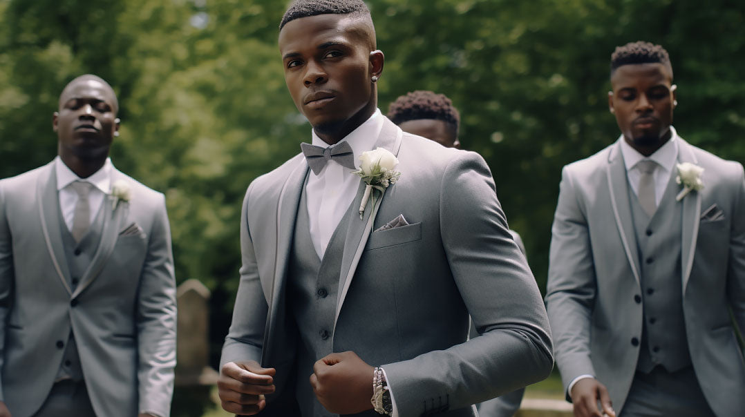 groom and groomsmen wearing grey tuxedo at wedding