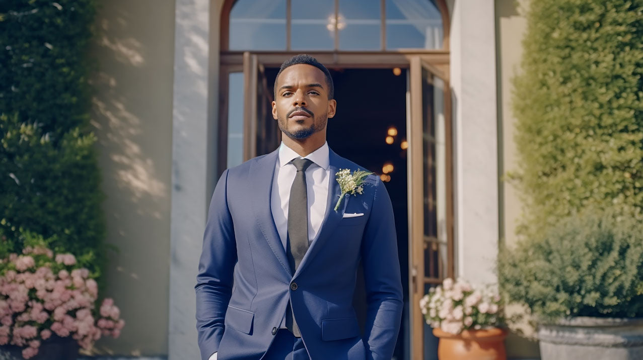 groom wearing a navy blue wedding suit