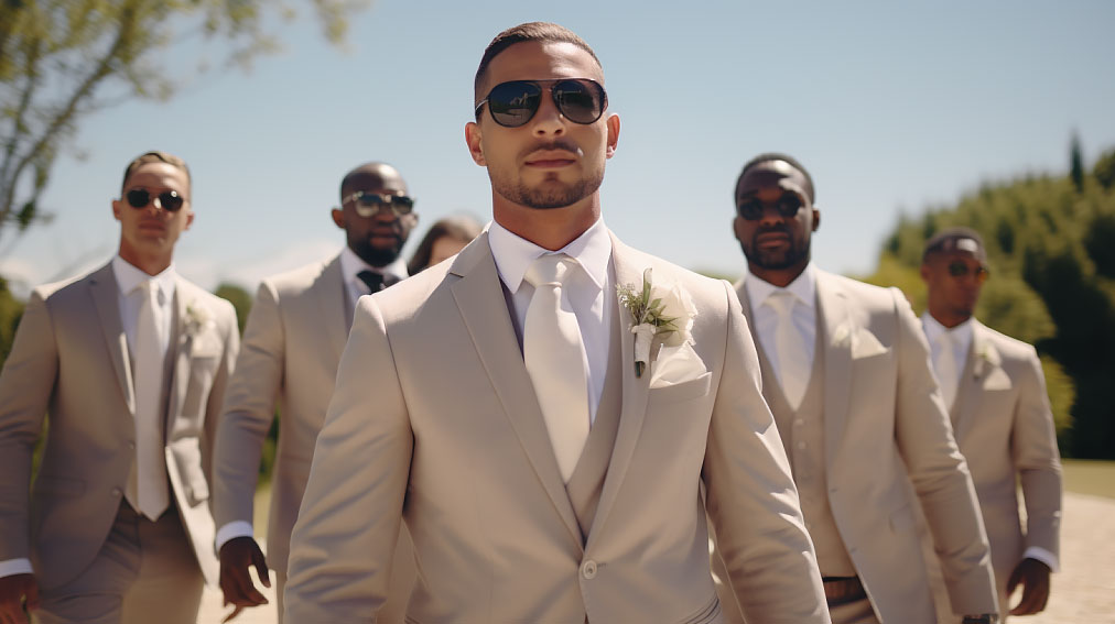 groomsmen wearing tan suits at wedding