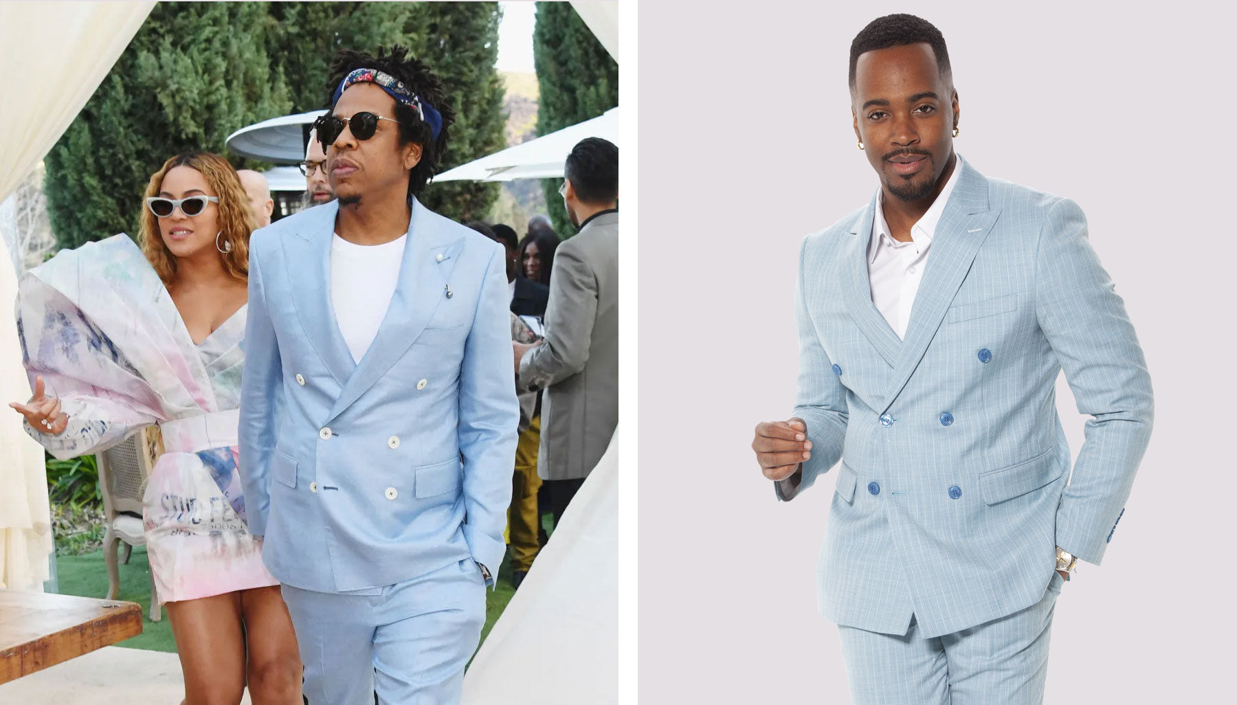jay-z and beyonce, perfect tux style option for baby blue double breasted suit for summer wedding
