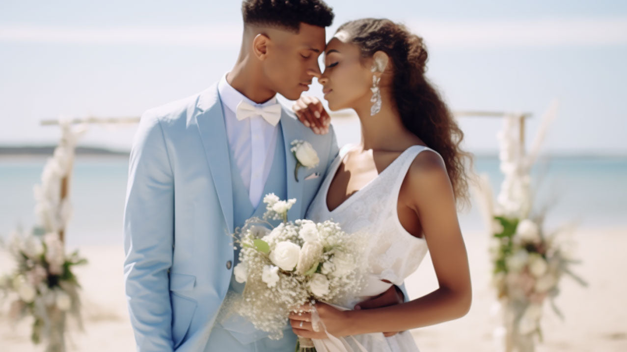 bride and groom wearing a light blue wedding suit