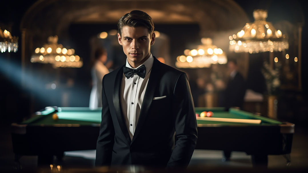 man wearing a slim fit black tuxedo at formal event 