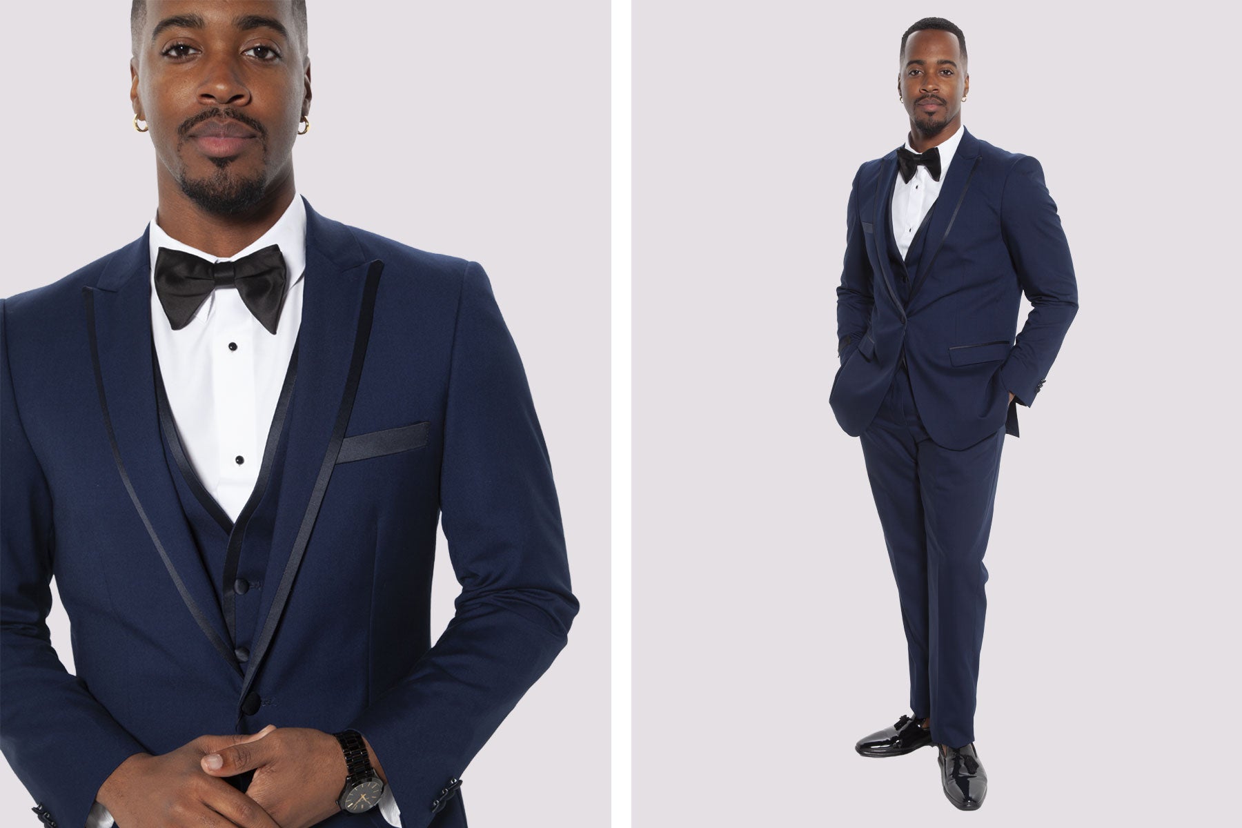 groom in navy tuxedo for fall wedding