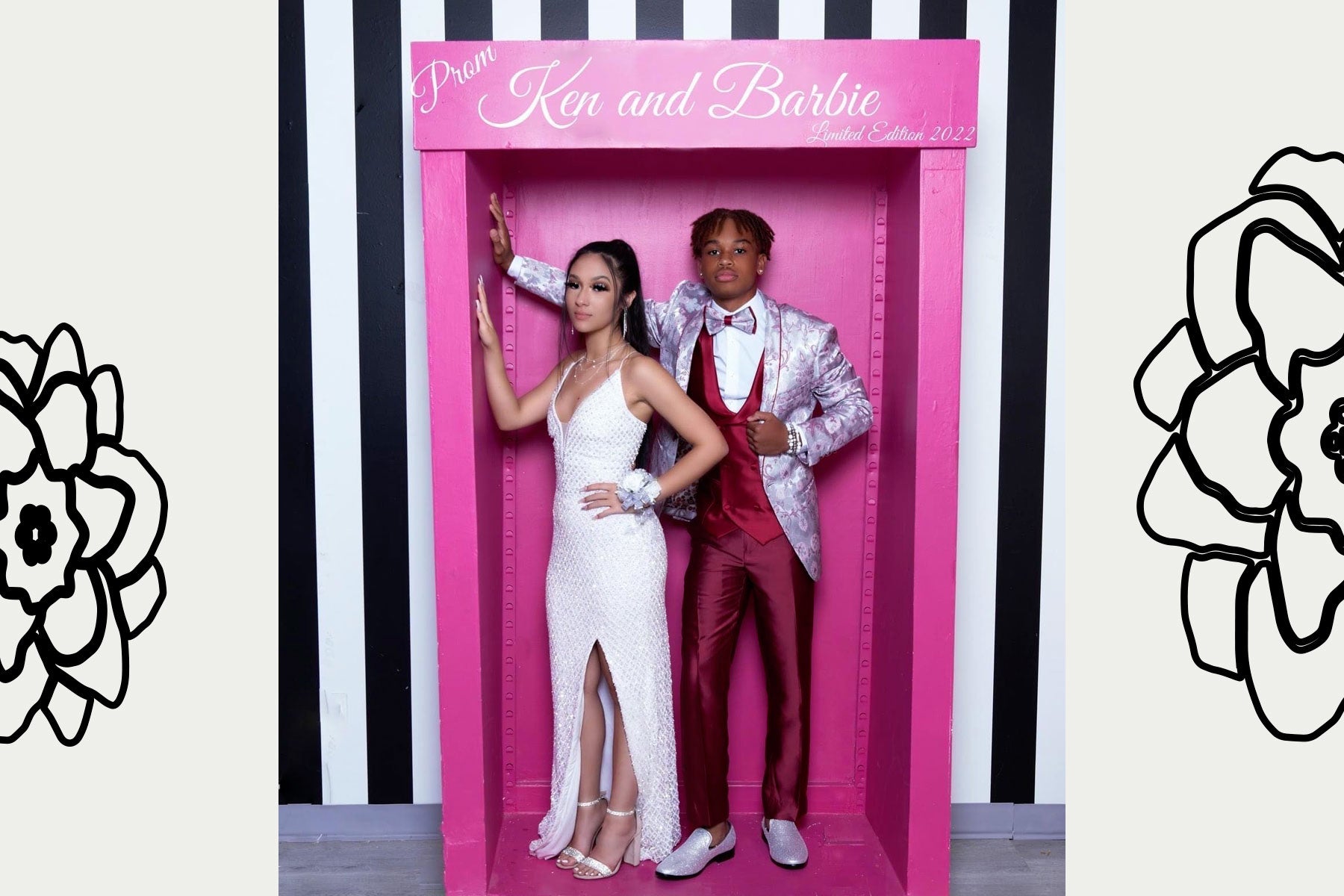 prom guy wearing pink tuxedo with prom date