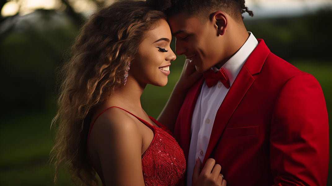 prom couple with guy wearing red suit