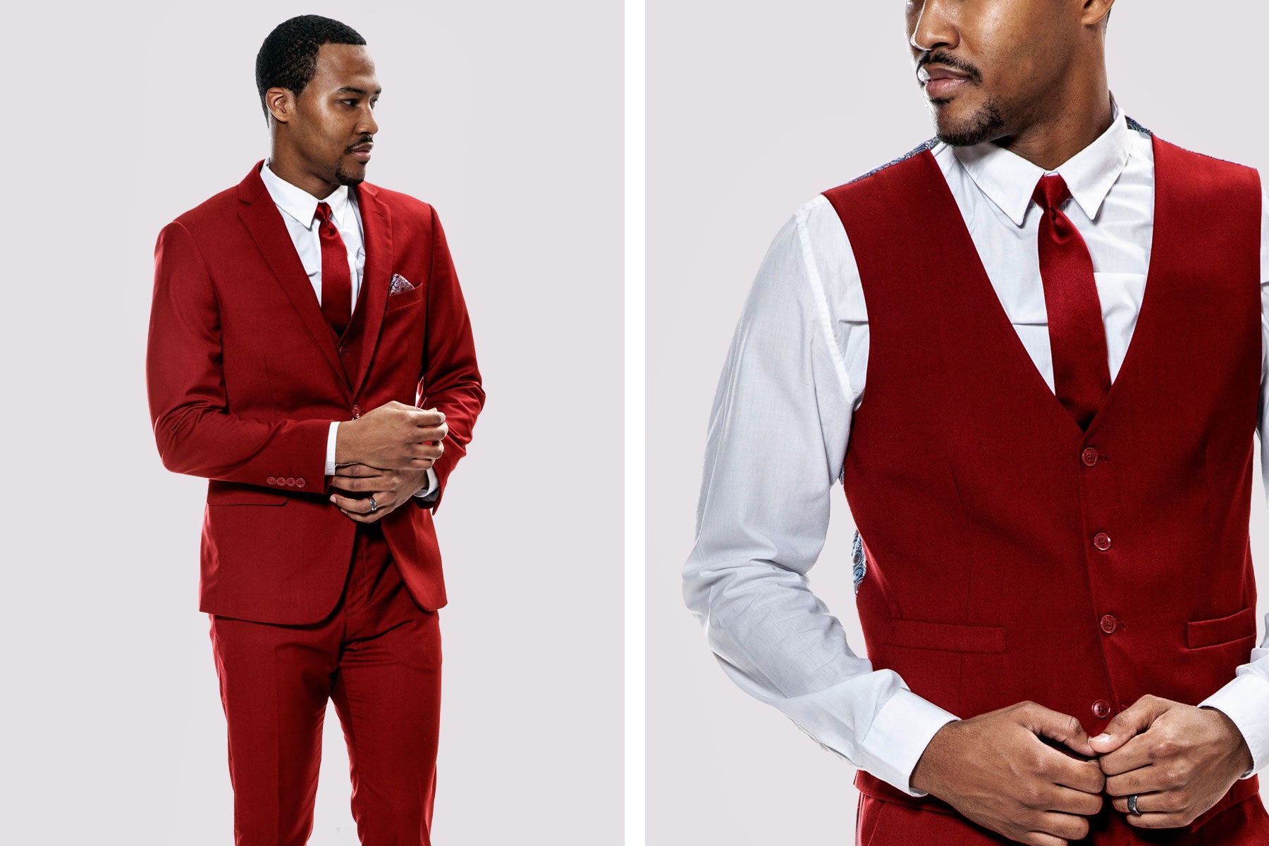 guy wearing red skinny fit prom suit