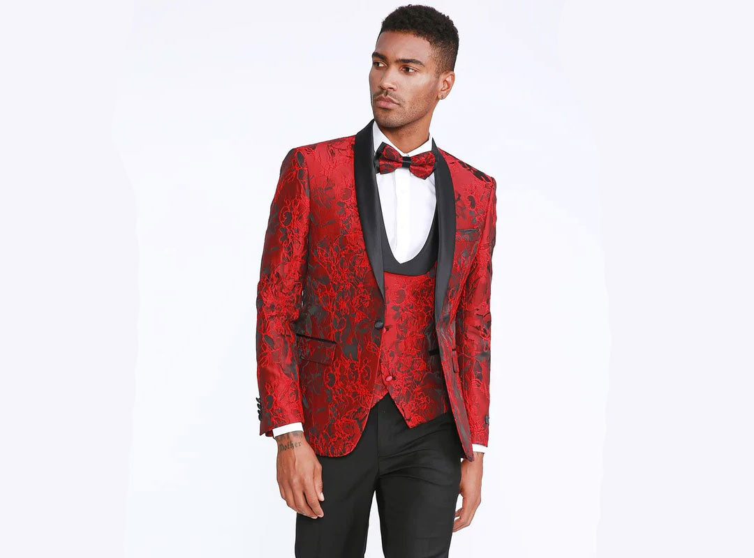 guy wearing red prom tuxedo with floral pattern