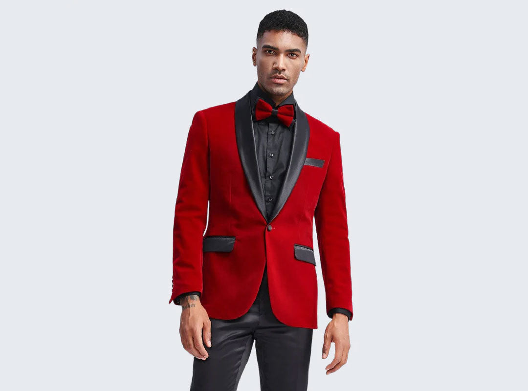 guy wearing prom red velvet tuxedo jacket