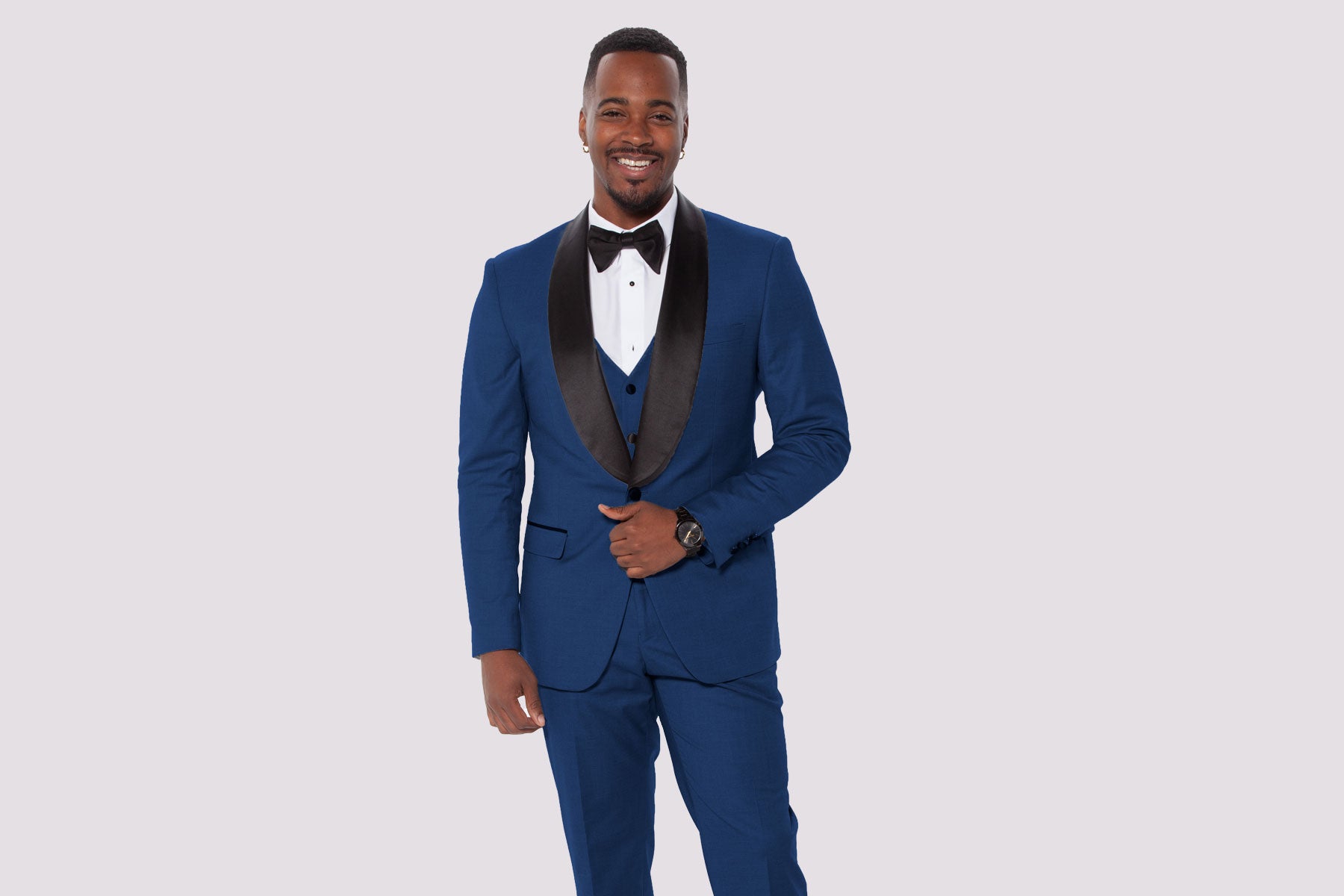 guy wearing blue prom tuxedo