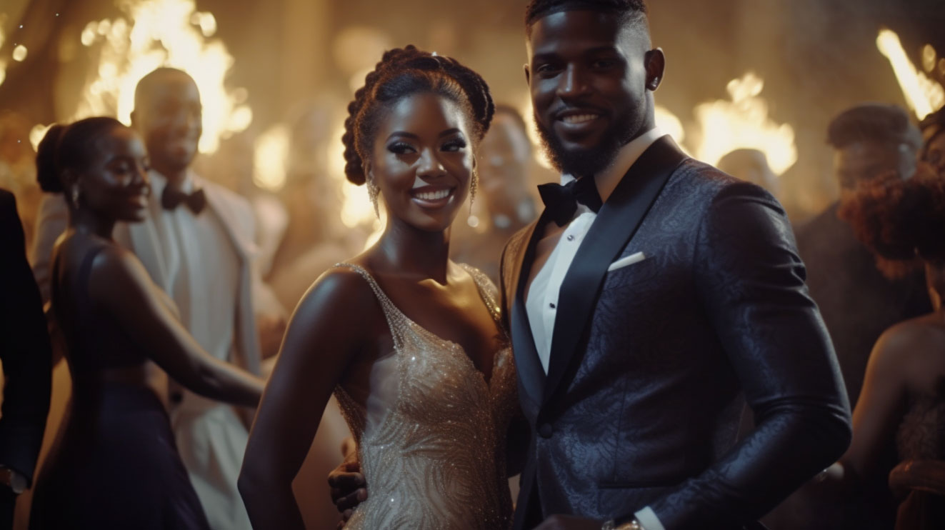 Bride and Groom at a black tie wedding