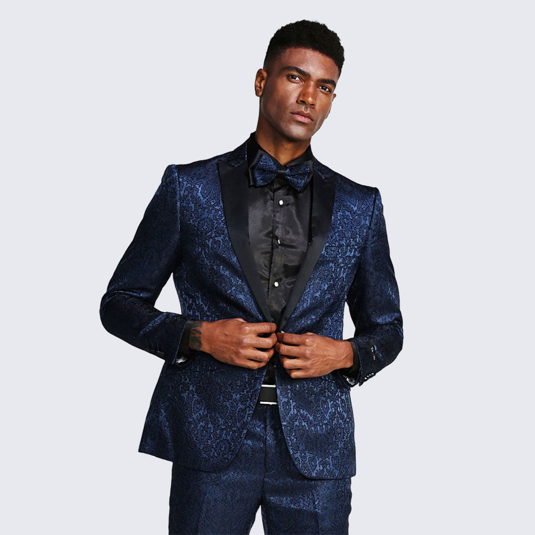 Navy Blue Paisley Slim Fit Tuxedo Three Piece Set - Wedding - Prom ...