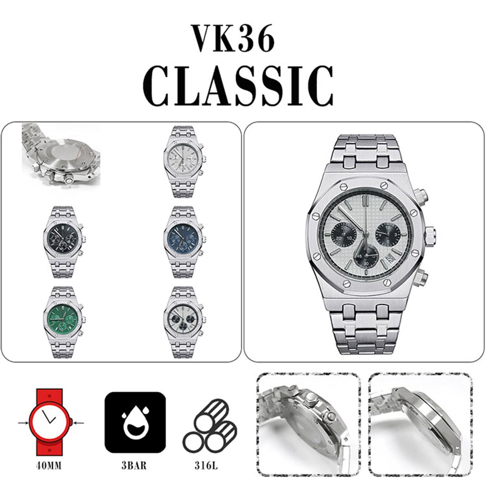 Stainless Steel Watch Case+Strap VK63 Movement Sapphire Glass - Elegant Design, Multiple Colors 