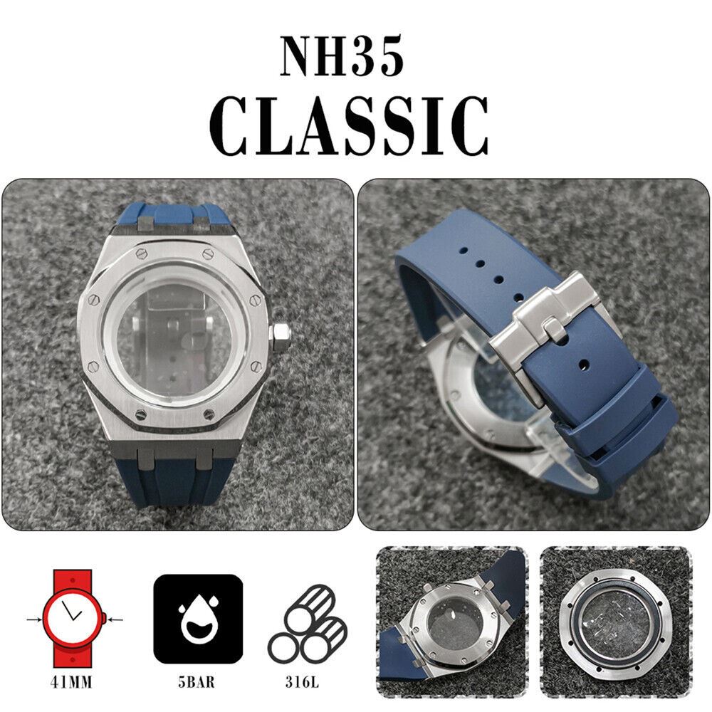 Stylish 41MM Sapphire Glass Watch Case + Strap for NH35/NH36 Movement 