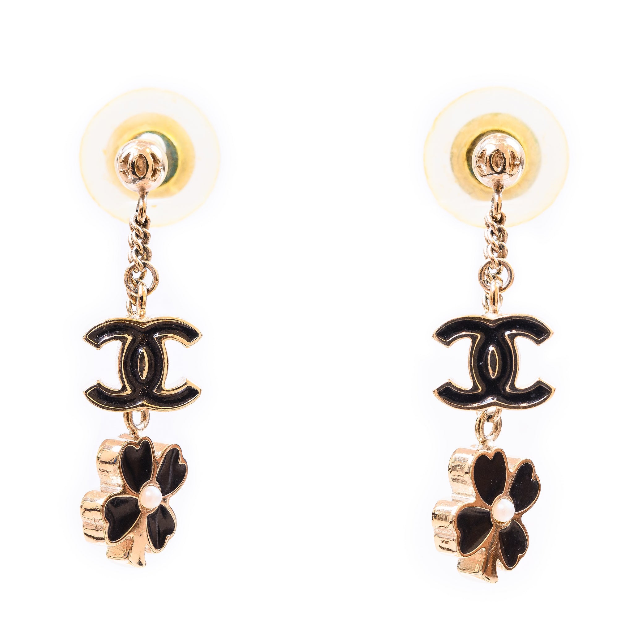 Chanel Enamel CC Clover Drop Earrings Black Gold – elletrouve