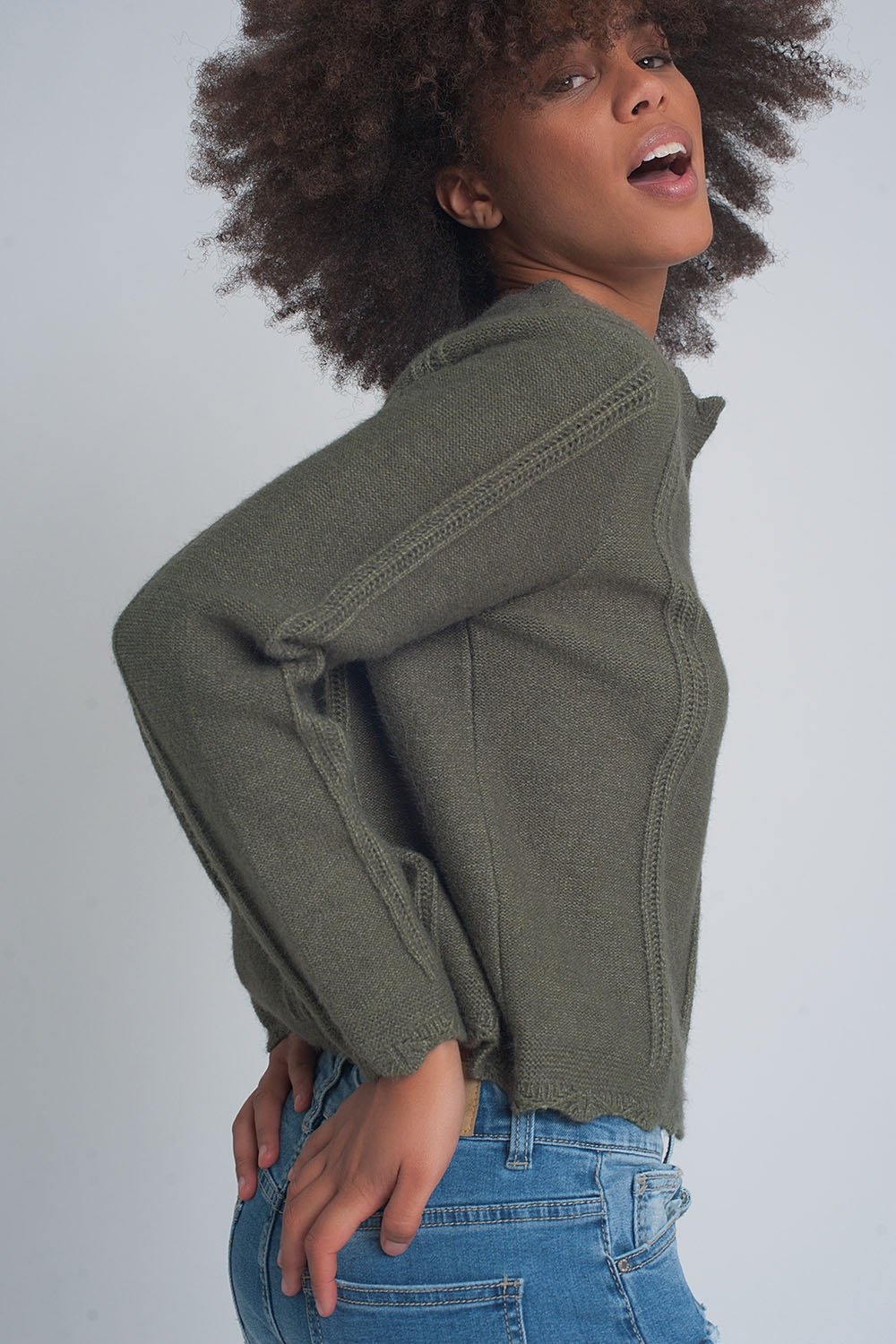 Vintage Inspired Button Front Crop 90s Cardi in Khaki