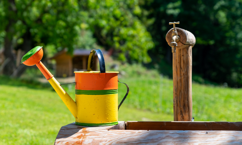 a colourful watering can sitting on top of a well