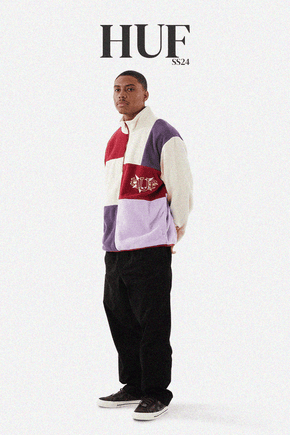 huf spring summer image of a model wearing the huf remix fleece in lavender