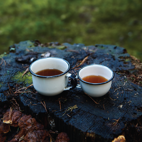 two white cups of hot tea on a stump