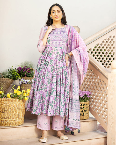 Embroidered Flared Kurta With Pant & Dupatta