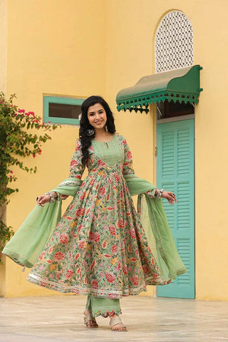 Iris Mint Anarkali Floral Printed Gathered Suit Set With Palazzo And Dupatta
