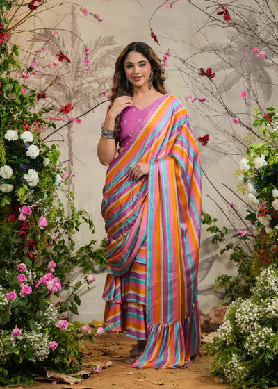 Satrangi Strips Lavender Pre-Draped Saree