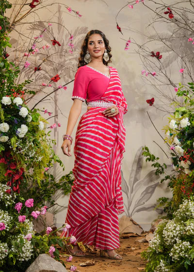 Swara Pink Lehariya pre-Draped Saree With Belt