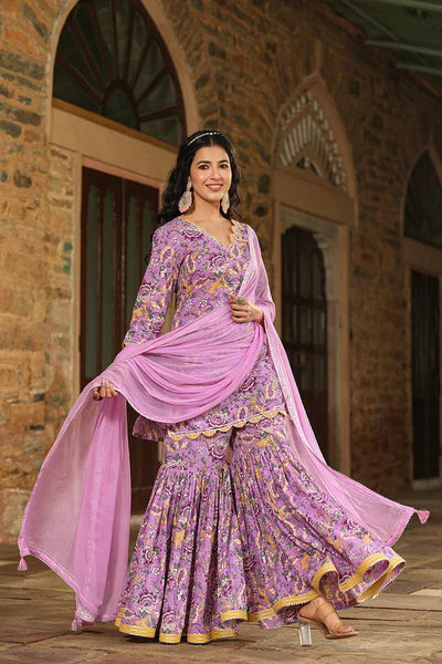 Neel Kamal Lavender Scalloped Kurta With Sharara And Dupatta