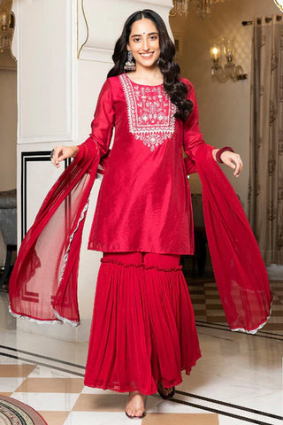 Sofia Red Embroidered Kurta With Sharara & Dupatta