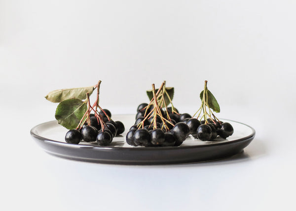 Aronia berries on top of small white plate