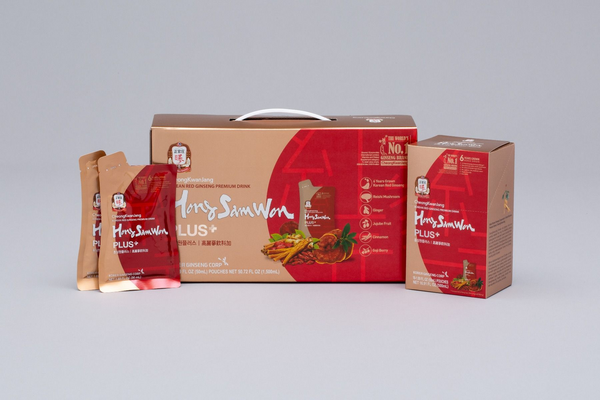 hong sam won plus box and pouches on white table