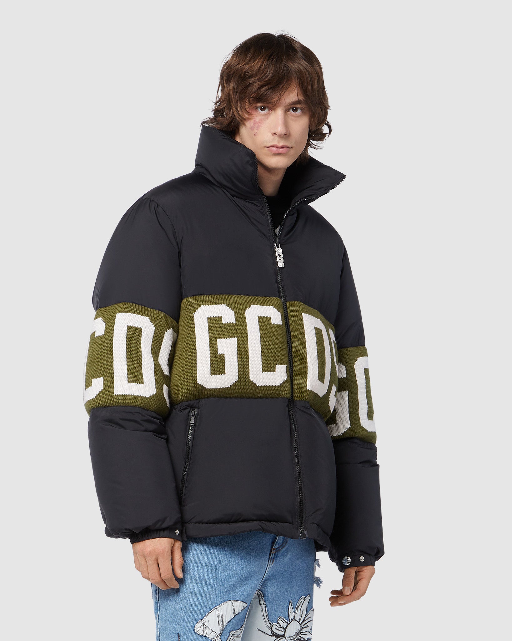 Gcds logo band puffer jacket: Men Outerwear Military Green | GCDS
