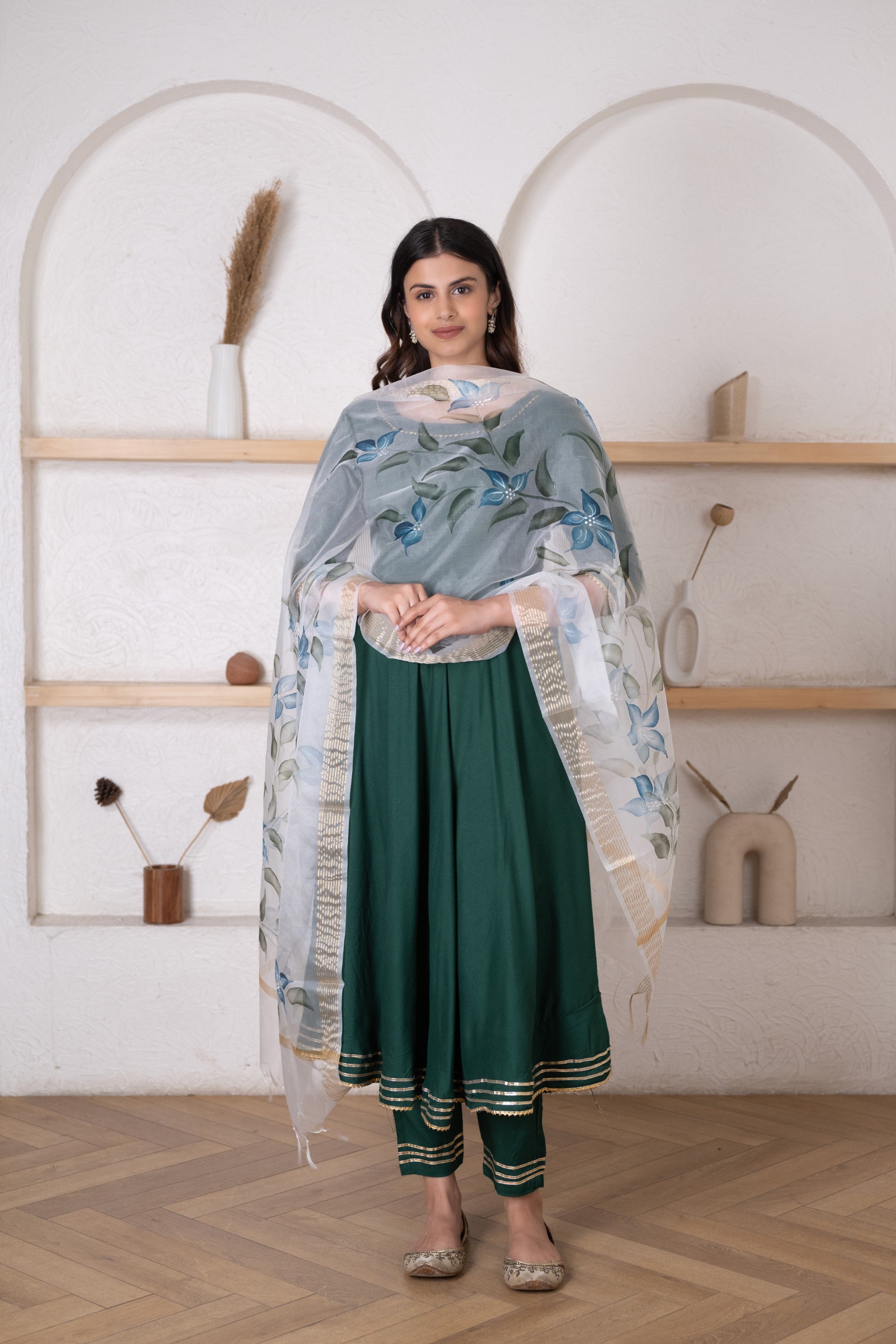 Pheeta - Blue Cotton Plain Round Umbrella Sleeve Anarkali Set For Women