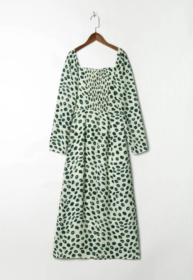 Green Dot Leopard Print Midi Dress