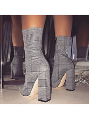 Plaid Gray Mid Calf Chunky Large Boots
