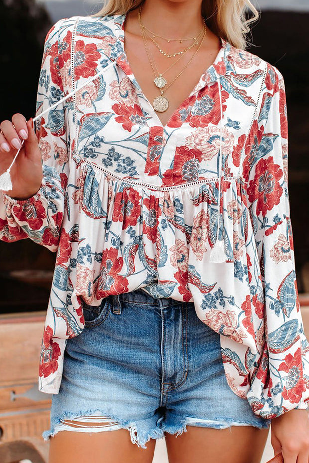 Floral Print V Neck Puff Sleeve Tunic Top