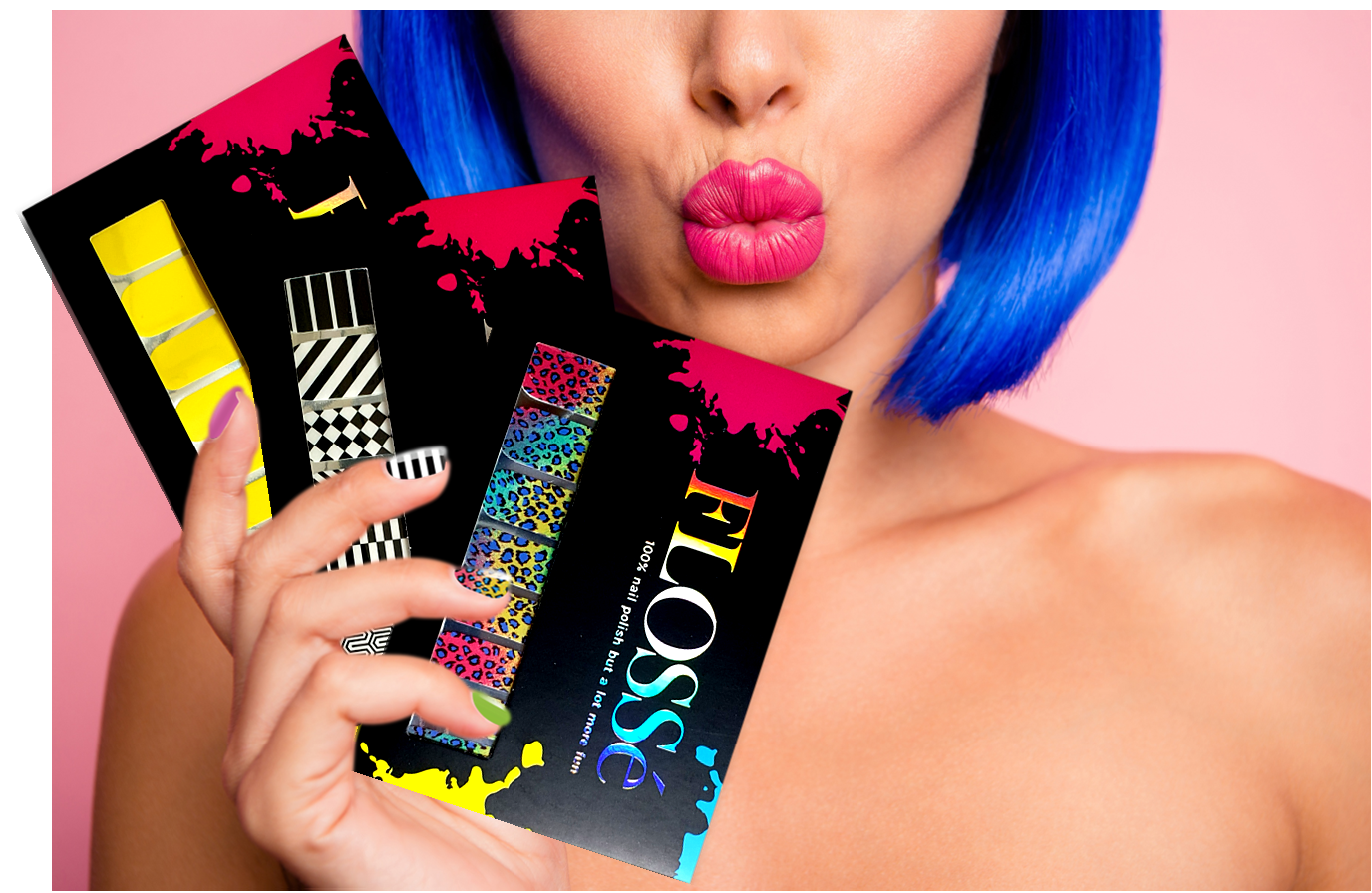Girl holding 3 packets of FLOSSé nail wraps