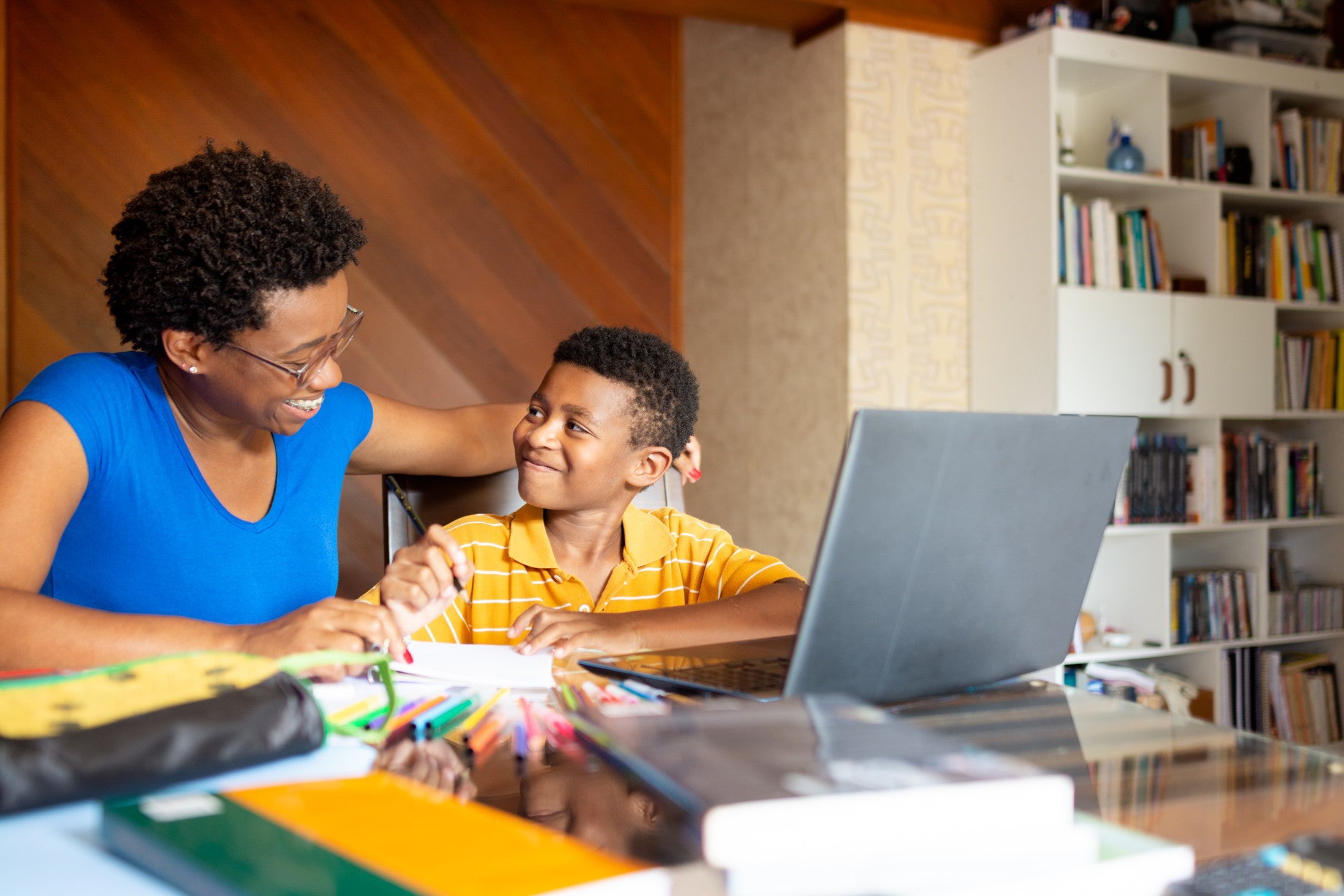 Mother teaching son about money