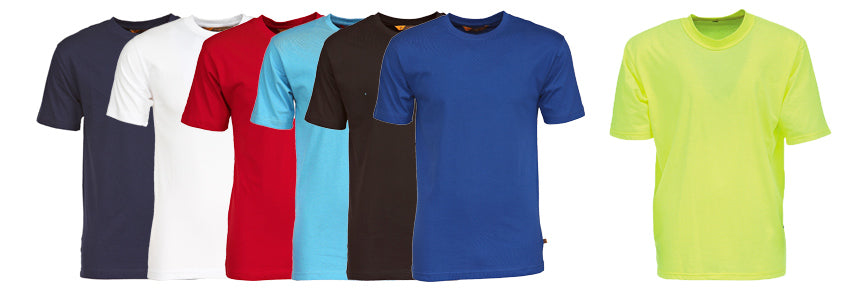 Unisex t-shirts in the colors dark blue, white, red, turquoise, black and petrol blue and a warning t-shirt in the yellow attention color.