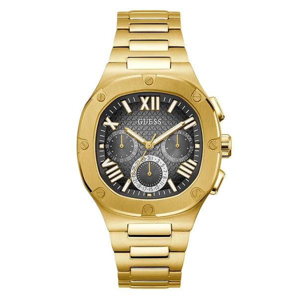 GUESS US Men\'s Black and Gold-Tone Square Multifunction Watch