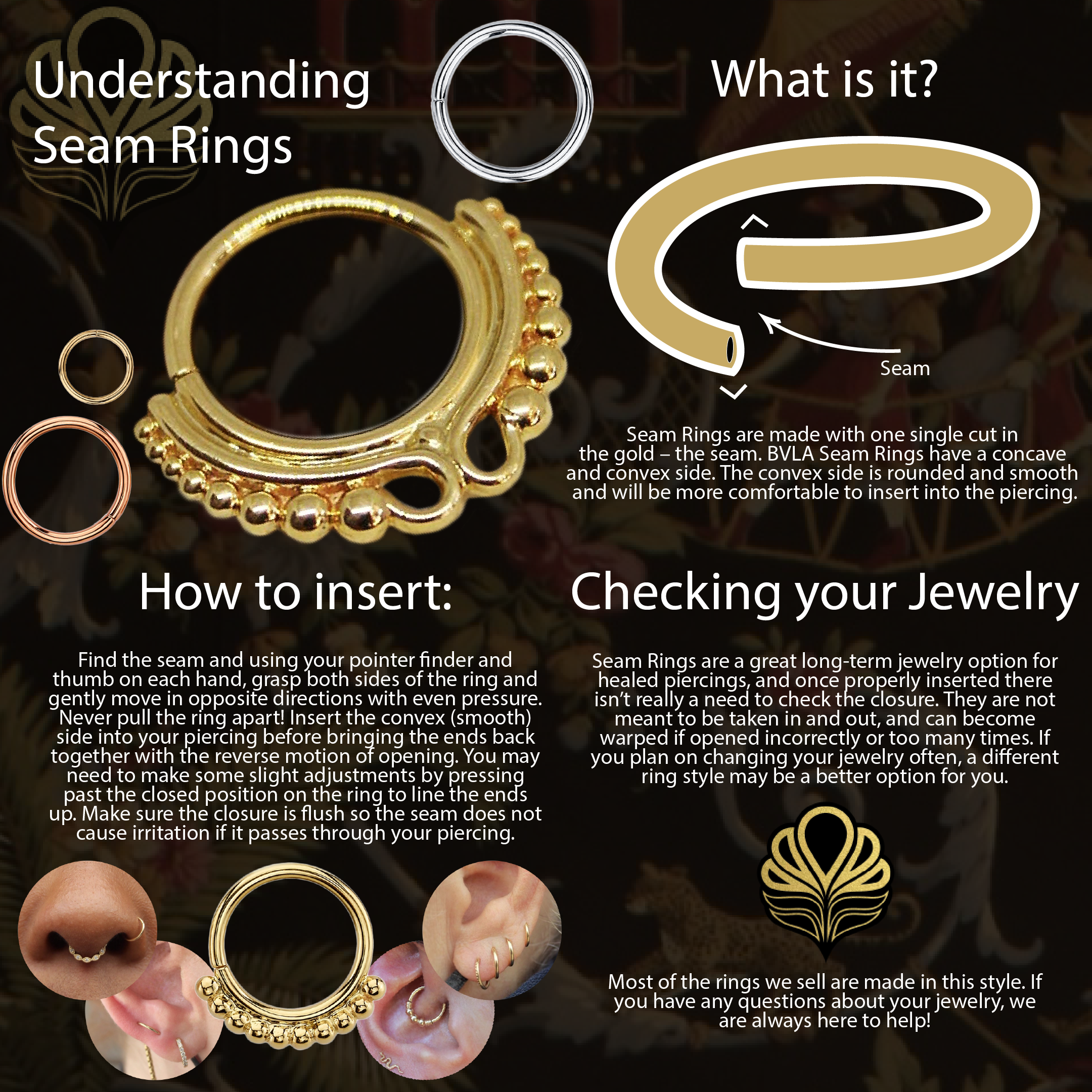 Infographic featuring several types of seam rings in 14k Yellow, Rose and White gold in simple and beaded styles, as well as a seam ring figure with up and down arrows and an arrow showing the seam (opening). Additional text on graphic written below in plain text on the page