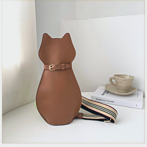 cat design soft leather crossbody bag tan color