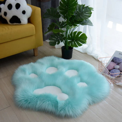 blue color cat paw shape cat carpet made by fluffy plush material
