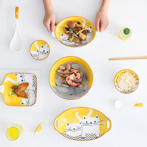 premium japanese style cat design ceramic set dinner bowl plate set